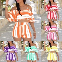 Sexy Ruffle Sling Crop Top + High Waist Shorts Striped Two-piece Set 