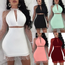 Sexy Gauze Spliced Long Sleeve Solid Color Pearls Over-hip Dress