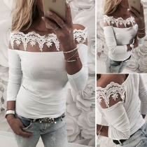 Sexy Lace Spliced Embroidered Boat-neck Long Sleeve Slim fit Shirt