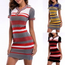 Sexy V-neck Contrast Color Striped Short Sleeve Slim Fit Over-hip Knitted Dress