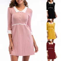 Fashion Lapel Contrast Color Front Buttons Ribbing Knitted Dress