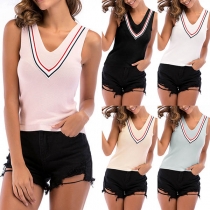 Sexy Deep V-neck Sleeveless Striped Slim Fit Knitted Shirt