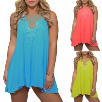 Sexy Backless Gauze Spliced Sleeveless Irregular Hem Romper