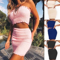Sexy Solid Color Strapless Crop Top + High Waist Skirt Two-piece Set 