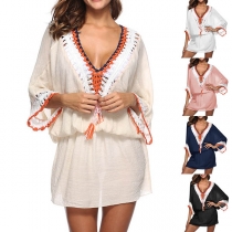 Fashion Knitted Spliced Dolman Sleeve V-neck Beach Dress