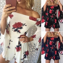 Sexy Off-shoulder Boat Neck Trumpet Sleeve Printed Romper 