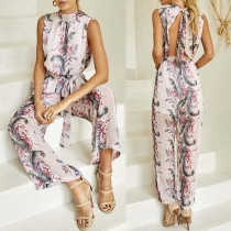 Sexy Backless Sleeveless High Waist Printed Jumpsuit 
