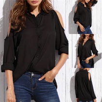Sexy Off-shoulder Long Sleeve Solid Color Chiffon Shirt 