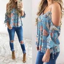 Sexy Off-shoulder Long Sleeve Printed Sling Chiffon Top 