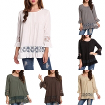 Fashion Solid Color Long Sleeve Round Neck Lace Spliced Top 