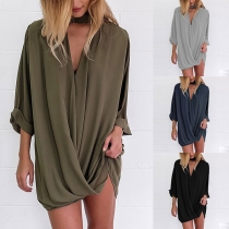 Sexy Deep V-neck Long Sleeve Irregular Hem Solid Color Chiffon Top 