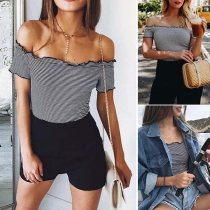 Sexy Off-shoulder Boat Neck Striped Crop Top 