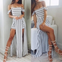 Sexy Off-shoulder Boat Neck Slit Hem High Waist Striped Dress