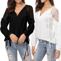 Sexy V-neck Lace Spliced Embroidered Lotus Chiffon Shirt