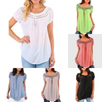 Sexy Boat-neck Short Sleeve Lace spliced Ruffle Hem Chiffon Shirt