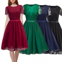 Elegant Solid Color Short Sleeve Round Neck Lace Spliced Dress