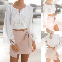 Fashion V-neck Solid Color Long Sleeve Embroidered Shirt