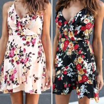 Sexy Lace-up Bakcless V-neck Printed Sling Dress