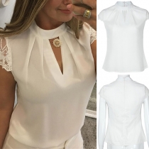 Fashion Lace Spliced Short Sleeve Stand Collar Solid Color Top 