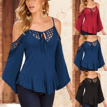 Sexy Off-shoulder Trumpet Sleeve Ruffle Hem Lace Spliced Sling Top 