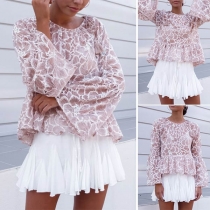 Sexy Trumpet Sleeve Round Neck Ruffle Hem See-through Lace Top 