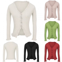 Fashion Solid Color Long Sleeve V-neck Knit Cardigan 