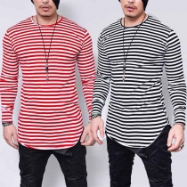 Fashion Solid Color Long Sleeve Round Neck Men's Striped T-shirt