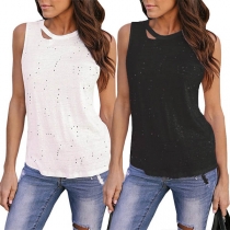 Sexy Backless Sleeveless Round Neck Ripped T-shirt 