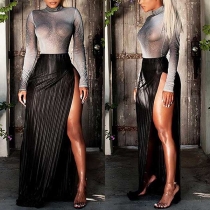 Sexy Long Sleeve See-through Top + High Slit Hem Skirt Two-piece Set