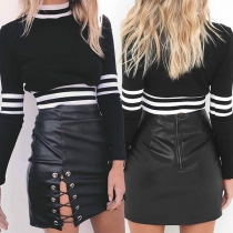 Sexy High Waist Lace-up Slit Hem PU Leather Skirt