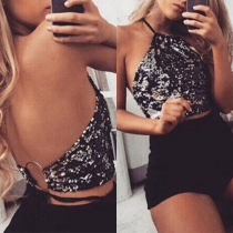 Sexy Backless Halter Sequin Crop Top 