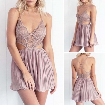 Sexy Backless Deep V-neck Hollow Out Lace Spliced Sling Romper