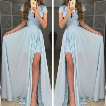 Sexy Deep V-neck Slit Hem Short Sleeve High Waist Party Dress