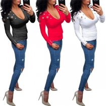 Sexy Long Sleeve V-neck Solid Color Keyhole T-shirt 