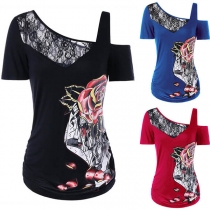 Sexy Oblique Shoulder Lace Spliced Short Sleeve Rose Printed T-shirt 