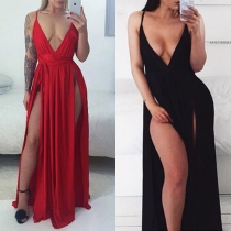 Sexy Deep V-neck Crossover Backless Sleeveless Ruffle Slit Hemline Dress
