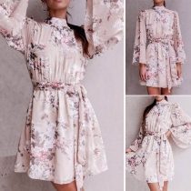 Sexy Backless Trumpet Sleeve Stand Collar Printed Romper 