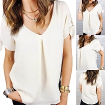 Fashion V-neck Solid Color Short Sleeve Bowknot Chiffon Shirt 