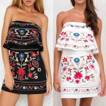 Sexy Boat-neck Off-shoulder Sleeveless Lotus Spliced Embroidered Dress