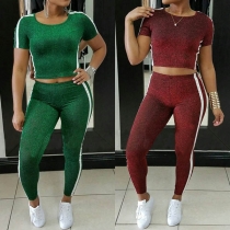 Fashion Striped Spliced Short Sleeve Top + Stretch Leggings Sports Suit