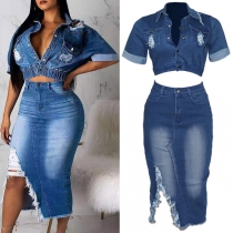 Fashion Long Sleeve POLO Collar Denim Shirt + High Waist Ripped Denim Skirt Two-piece Set