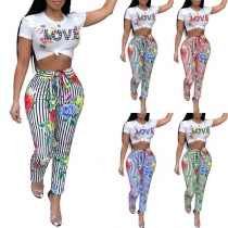 Fashion Letters Printed Short Sleeve Crop Top + High Waist Striped Pants Two-piece Set 