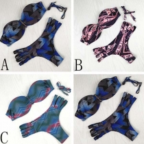 Sexy Color Gradient Printed Bandeau Bikini Set 