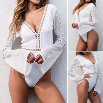 Sexy Gauze Spliced Trumpet Sleeve V-neck Hollow Out Bodysuit 