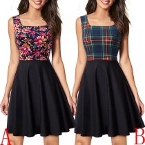 Fashion Sleeveless Square Collar High Waist Printed Spliced Dress