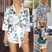 Fashion 3/4 Sleeve Notched Lapel Printed Romper 
