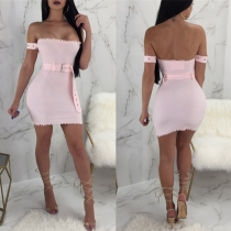 Sexy Off-shoulder Solid Color Mini Tight Dress with Waistband 