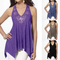 Sexy Backless V-neck Irregular Hem Solid Color Halter Top 