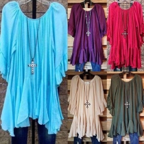 Fashion Solid Color Short Sleeve Irregular Hem Loose T-shirt 