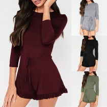Fashion Solid Color 3/4 Sleeve Round Neck Slim Fit Romper 